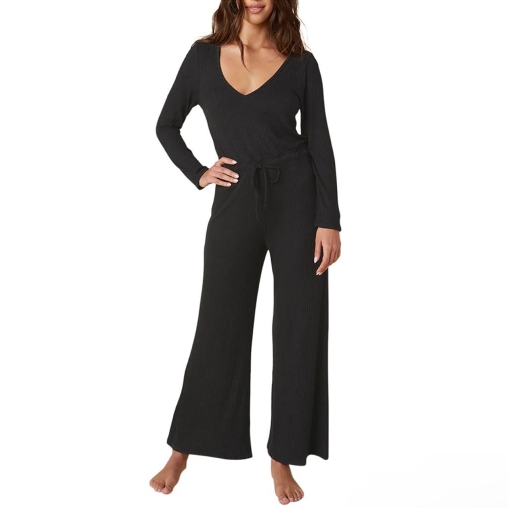 Beyond Yoga So Chic Jumpsuit Womens XL Black Ribbed Knit V Neck